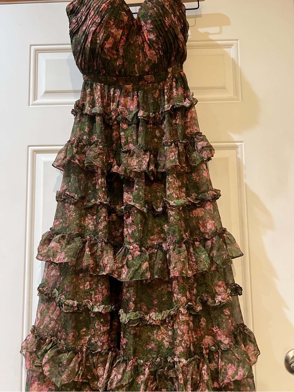 Mac Duggal Luxurious Tiered Ruffle Maxi Dress in Olive Green & Pink Floral Size